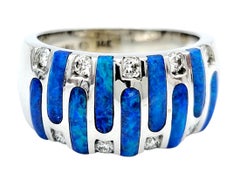 Kabana Blue Opal Inlay and Round Diamond Wide Band Ring in 14 Karat White Gold