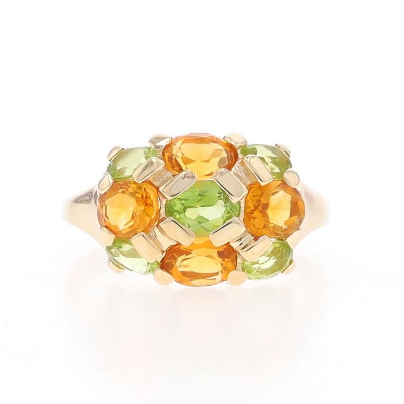 Size: 6
Sizing Fee: Up 1 size for $30 or Down 1 size for $30

Brand: Kabana

Metal Content: 10k Yellow Gold

Stone Information

Natural Citrines
Treatment: Heating
Carat(s): 1.08ctw
Cut: Oval
Color: Orange

Natural Peridot
Carat(s): .97ctw
Cut: