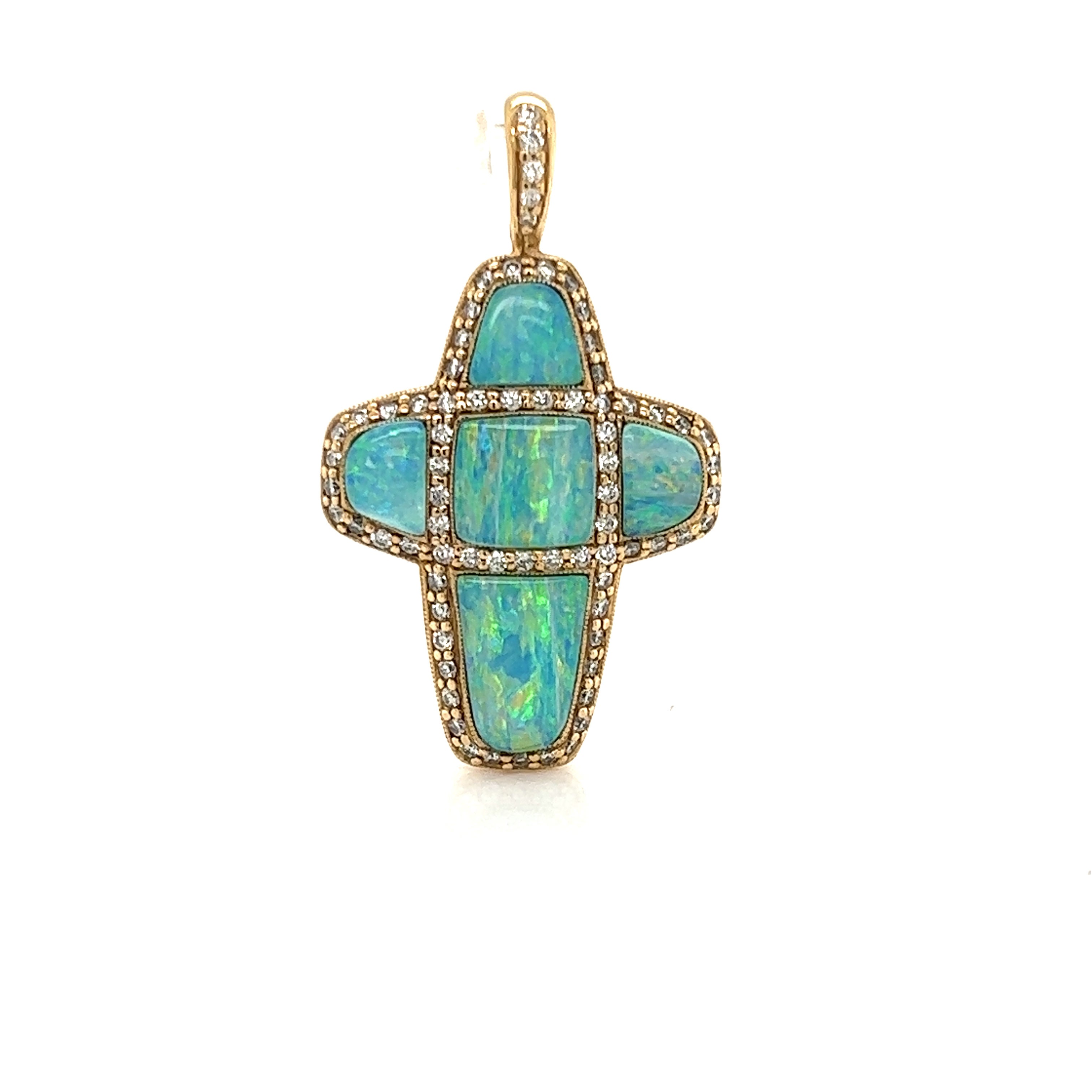 Kabana Diamond Fire Opal 14k Yellow Gold Fancy Cross Charm Pendant For Sale