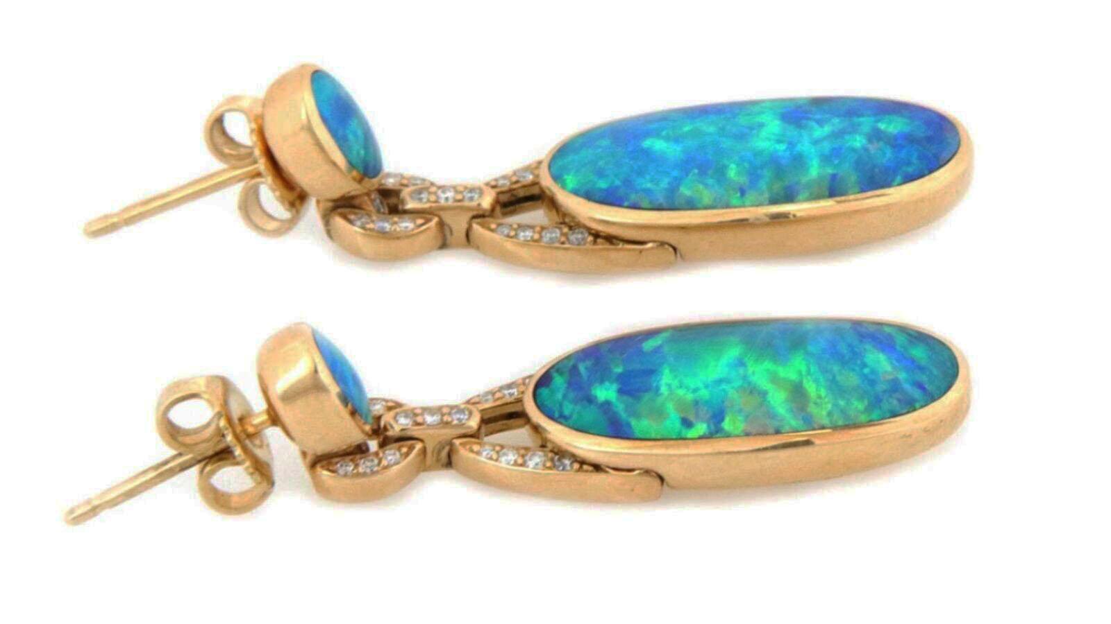 Modern Kabana Diamond Fire Opal 14k Yellow Gold Long Dangle Earrings For Sale