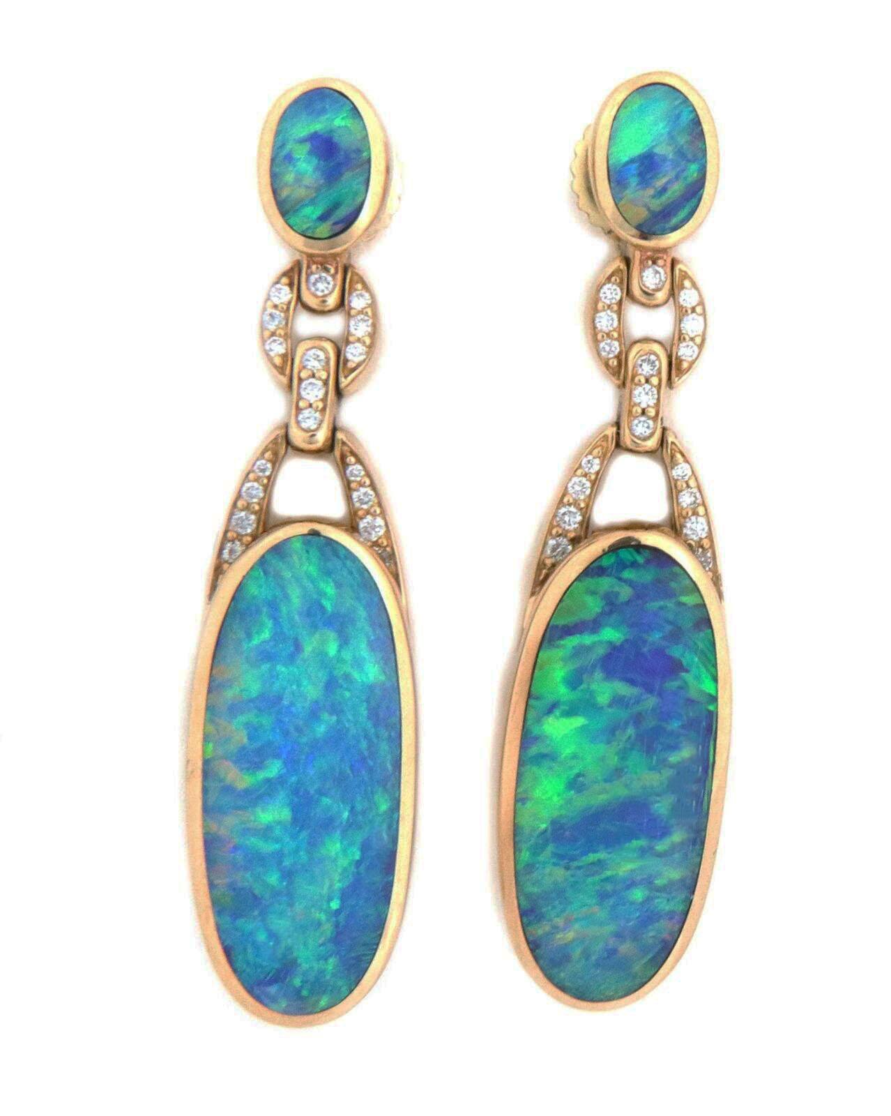 Women's Kabana Diamond Fire Opal 14k Yellow Gold Long Dangle Earrings For Sale