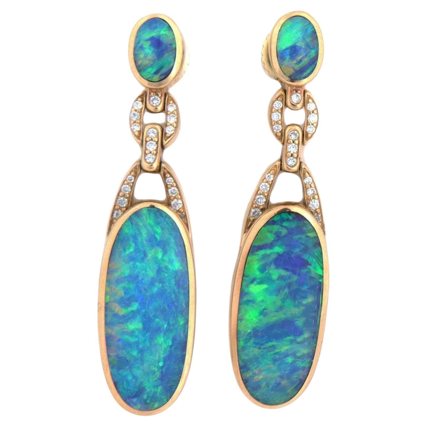 Kabana Diamond Fire Opal 14k Yellow Gold Long Dangle Earrings For Sale