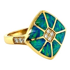 Kabana Diamond Fire Opal Inlay 18k Yellow Cocktail Ring Size 7