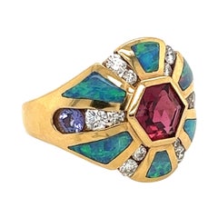 Kabana Diamond Fire Opal Tourmaline Iolite 14k Yellow Gold Band Ring