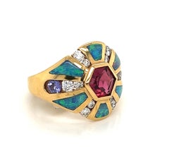 Anello a fascia in oro giallo 14k con diamante Kabana, tormalina opale di fuoco e iolite