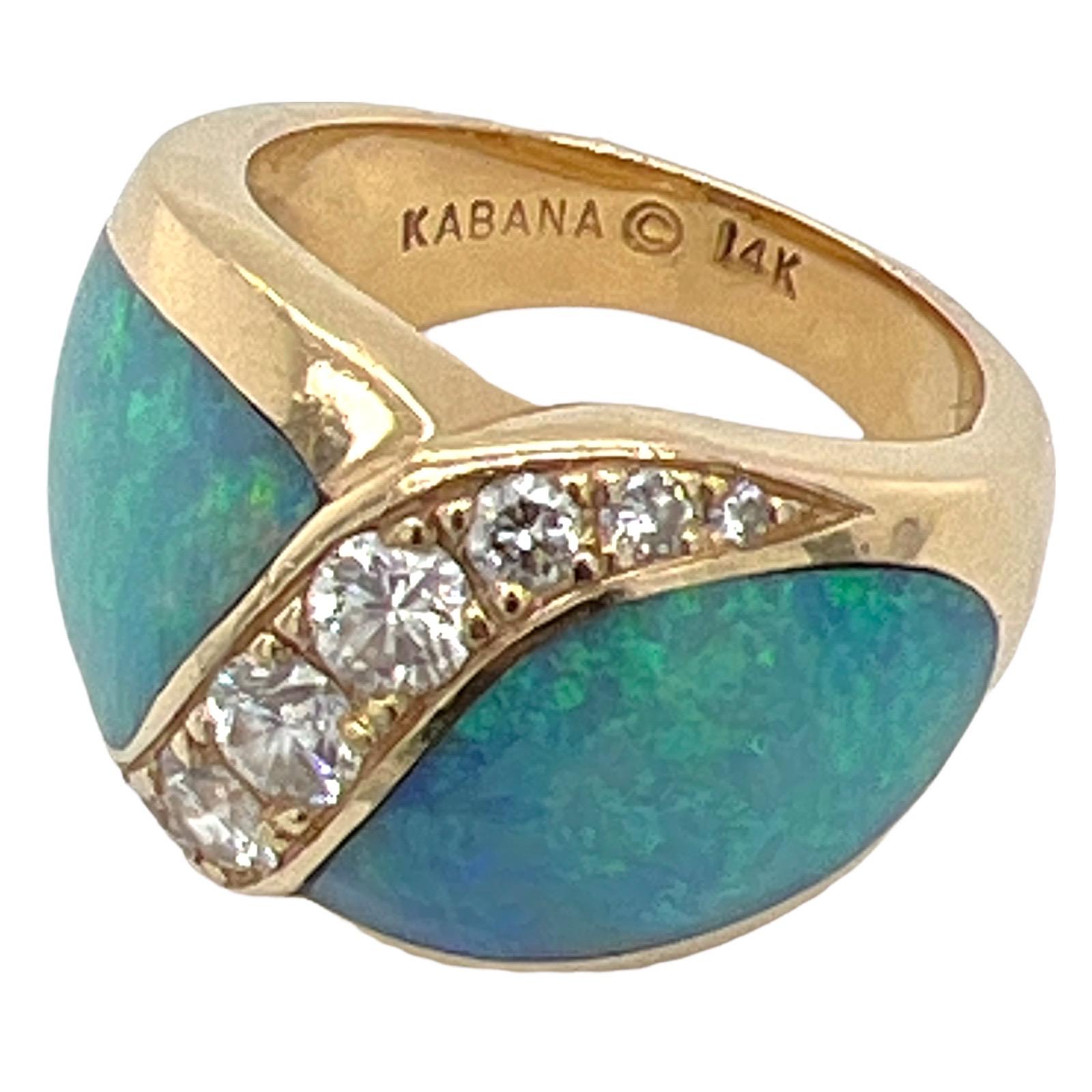 Kabana Moderner Designer-Ring aus 14 Karat Gelbgold mit Diamant-Opal-Intarsien Damen
