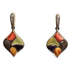 Kabana Drop Dangle Earrings Spiny Oyster Mother Pearl Diamond 14k Yellow Gold