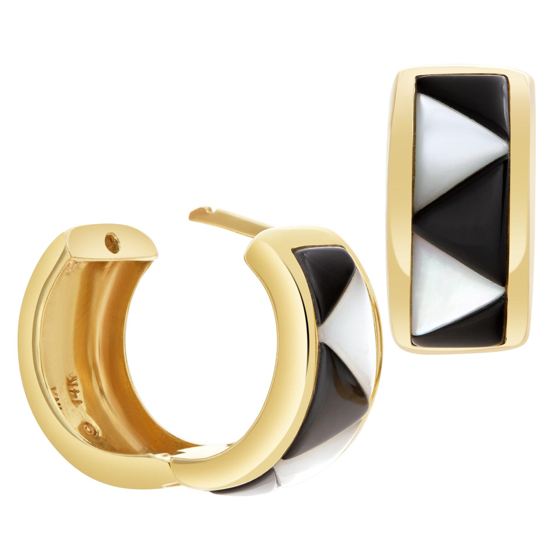 ESTIMATED RETAIL $4,320.00 - YOUR PRICE $2,280.00 - Kabana earring and ring set in 14k yellow gold with onyx and mother of pearl accents. Ring size 7.5. Earrings Huggie/hoop earrings hanging length: 17mm. 