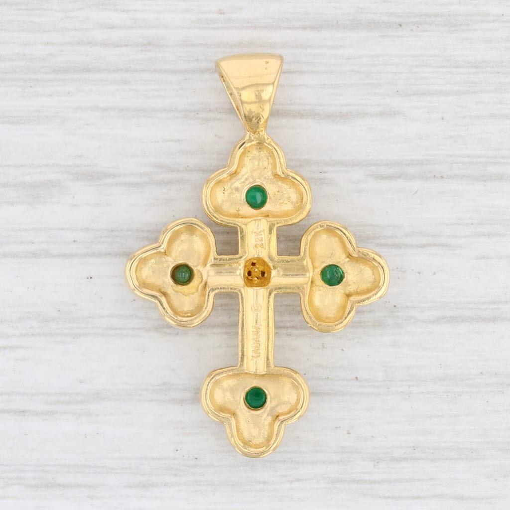 Round Cut Kabana Emerald Diamond Pendant 22k Yellow Gold Ornate Religious Jewelry