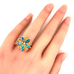 Kabana Fire Opal Diamond Ring in 14k Yellow Gold Flower Design Size 7.5