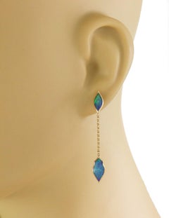 Kabana Fire Opal Leaf Earrings in 14k Yellow Gold Long Dangle Design