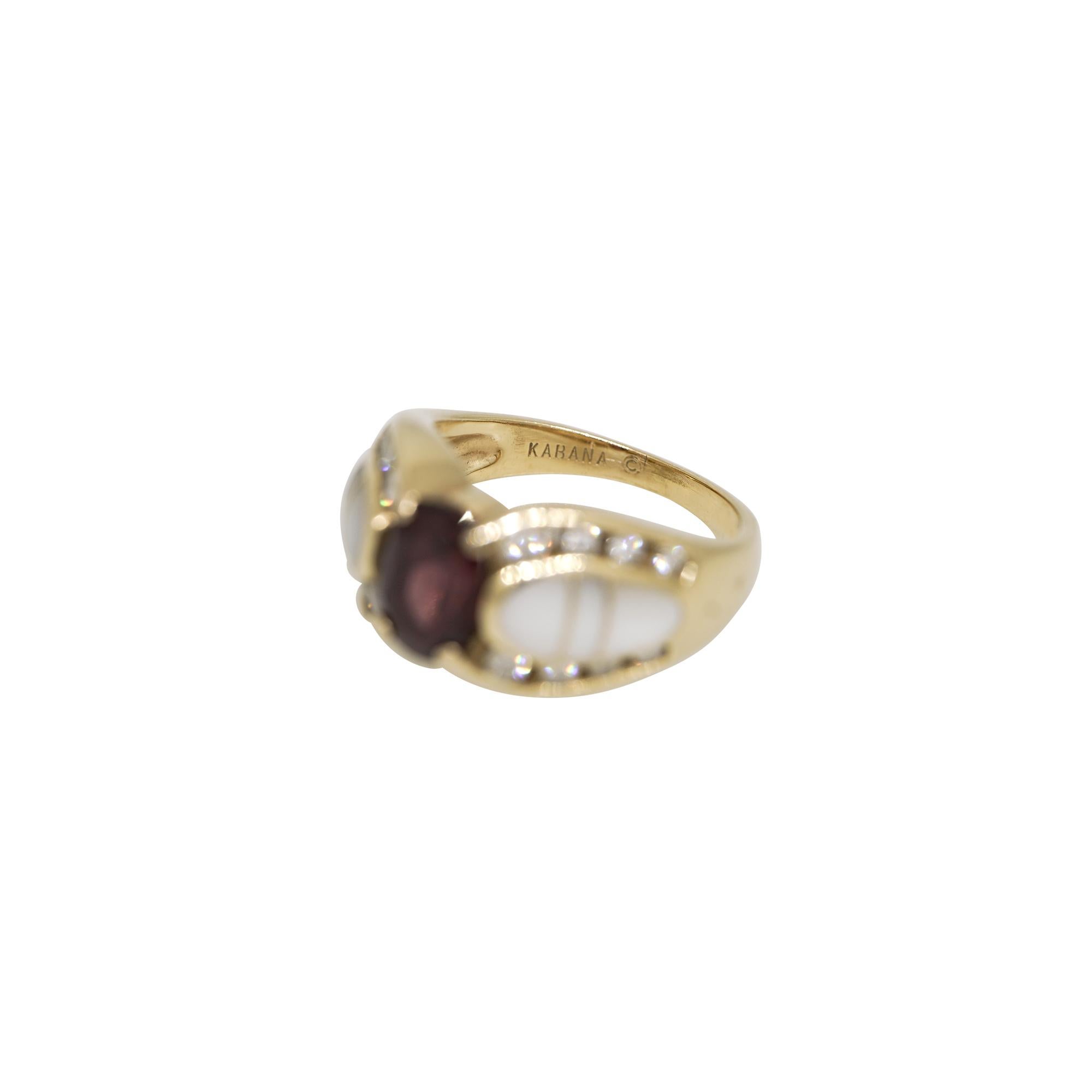 Kabana 14k Yellow Gold Garnet Mother of Pearl Diamond Ring

This exquisite Kabana cocktail ring features a natural oval-shape garnet, diamonds and beautiful mother of pearl, set in 14-karat yellow gold. The intricate design showcases Kabana's