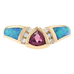 Kabana Garnet, Opal, and Diamond Ring Yellow Gold, 14k Gold Trillion .56 Carat