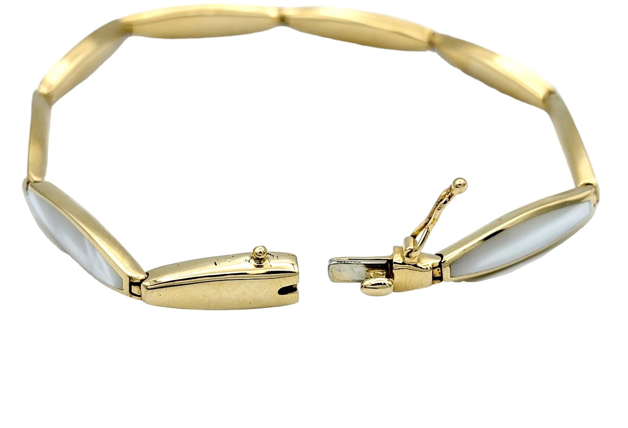 Tumbled Kabana Inlaid Mother of Pearl Elongated Link Bracelet in 14 Karat Yellow Gold For Sale