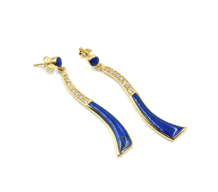 Kabana Lapis and Diamond Dangle Earrings 14 Karat Yellow