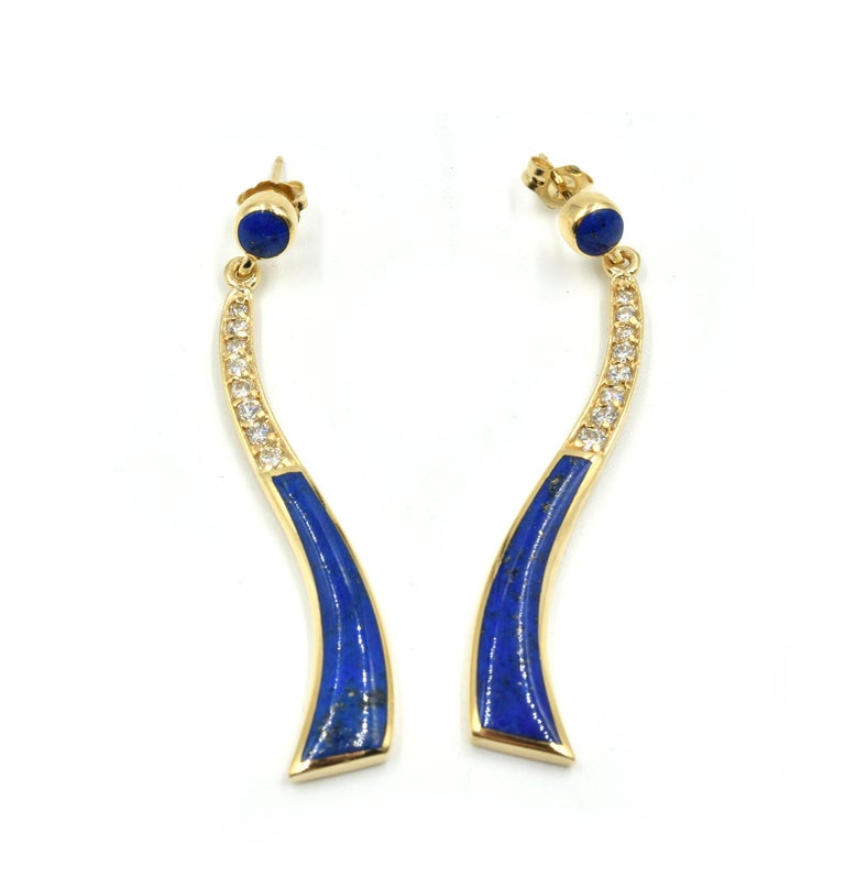 Kabana Lapis and Diamond Dangle Earrings 14 Karat Yellow Gold For Sale ...