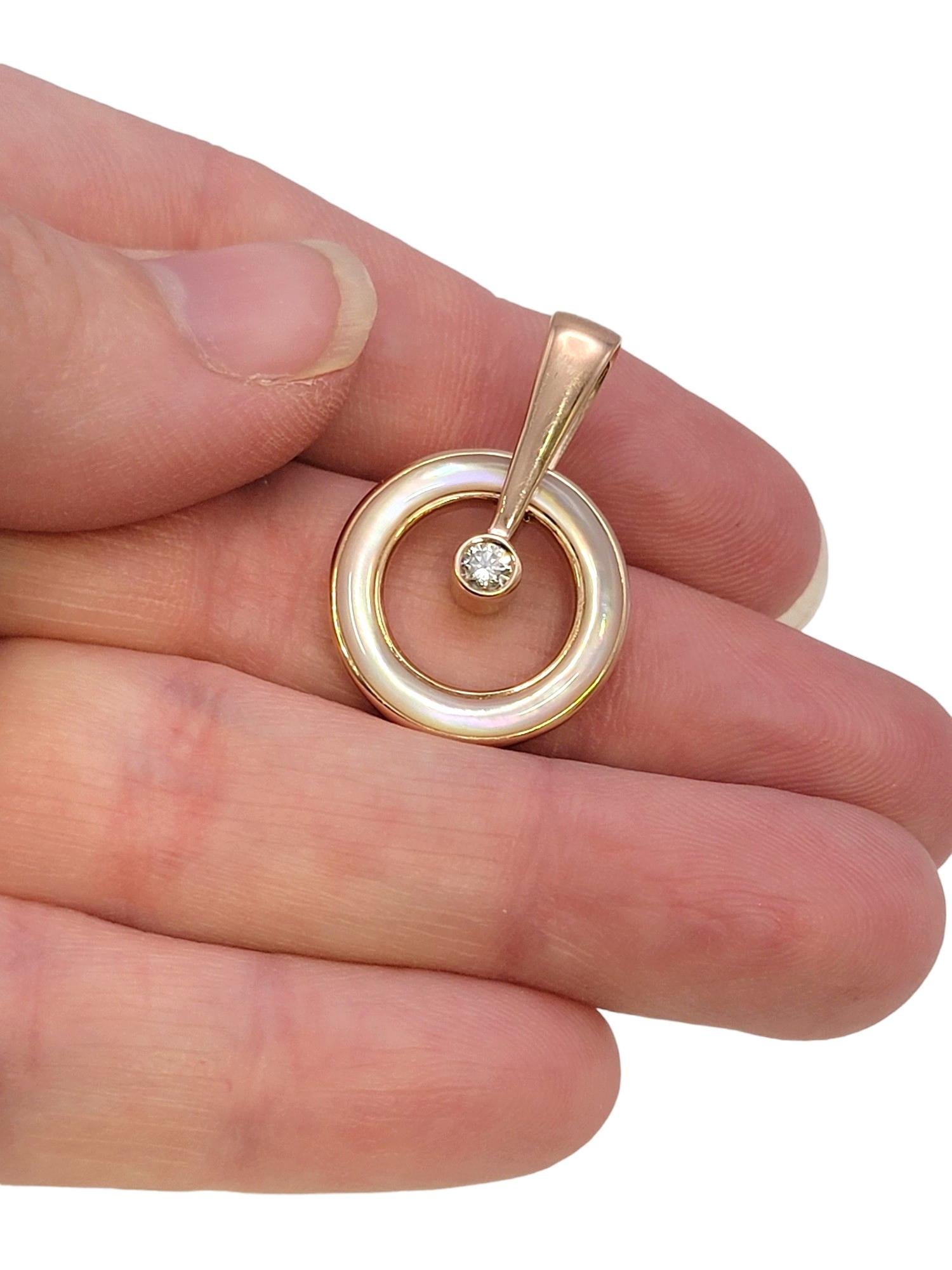 Kabana Mother of Pearl and Diamond Solitaire Open Circle Pendant in Rose Gold For Sale 5