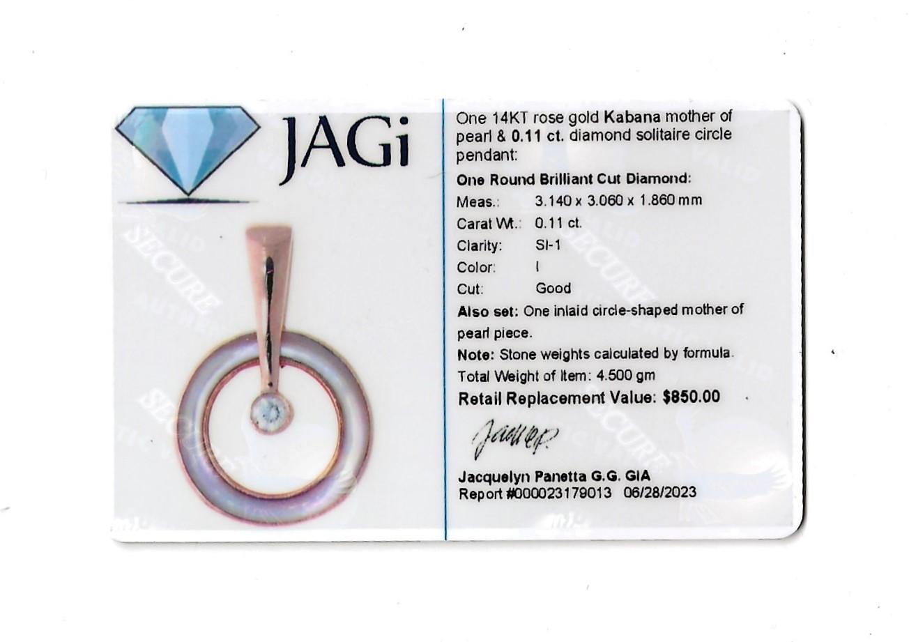 Kabana Mother of Pearl and Diamond Solitaire Open Circle Pendant in Rose Gold For Sale 7