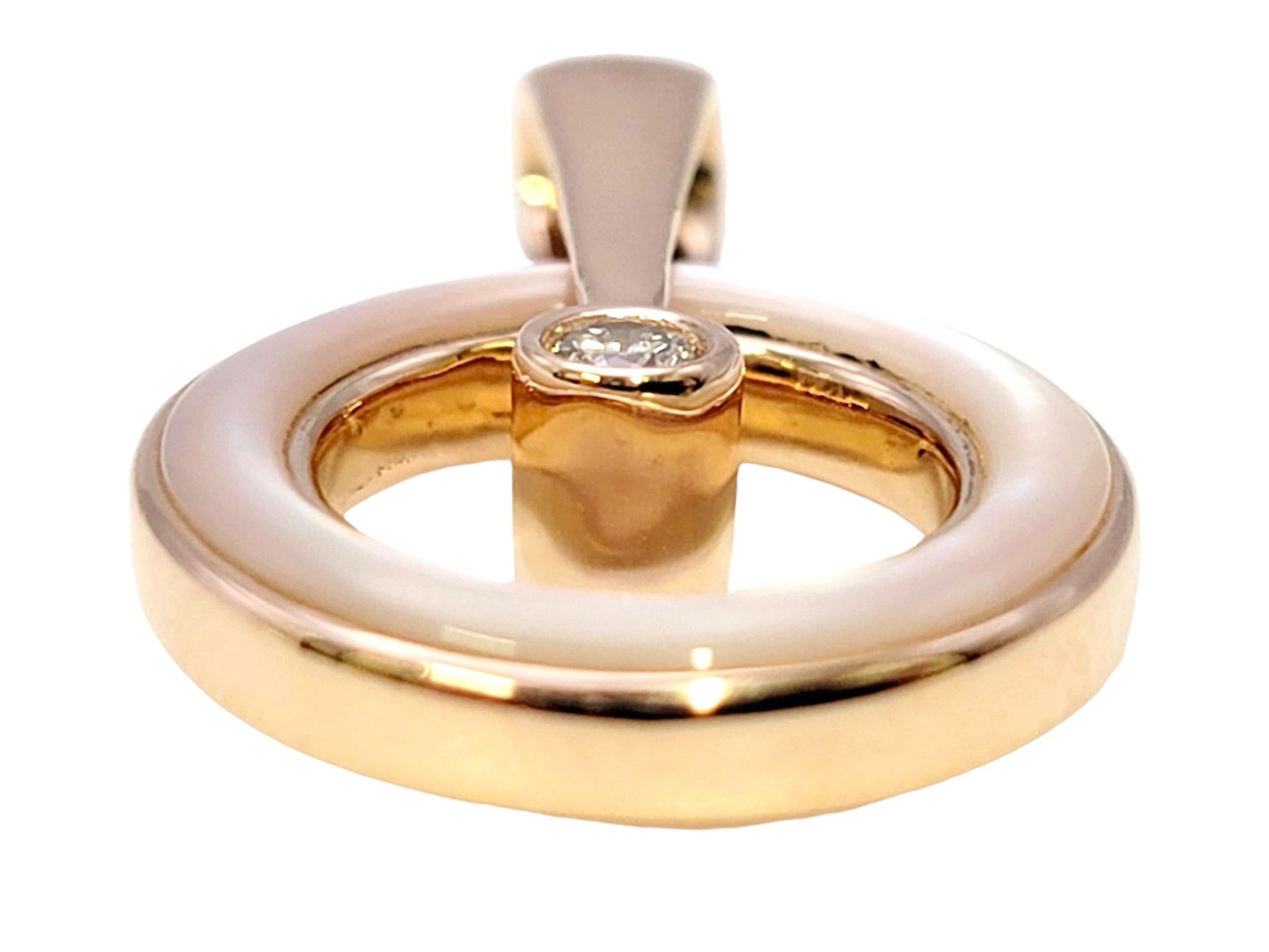 Round Cut Kabana Mother of Pearl and Diamond Solitaire Open Circle Pendant in Rose Gold For Sale