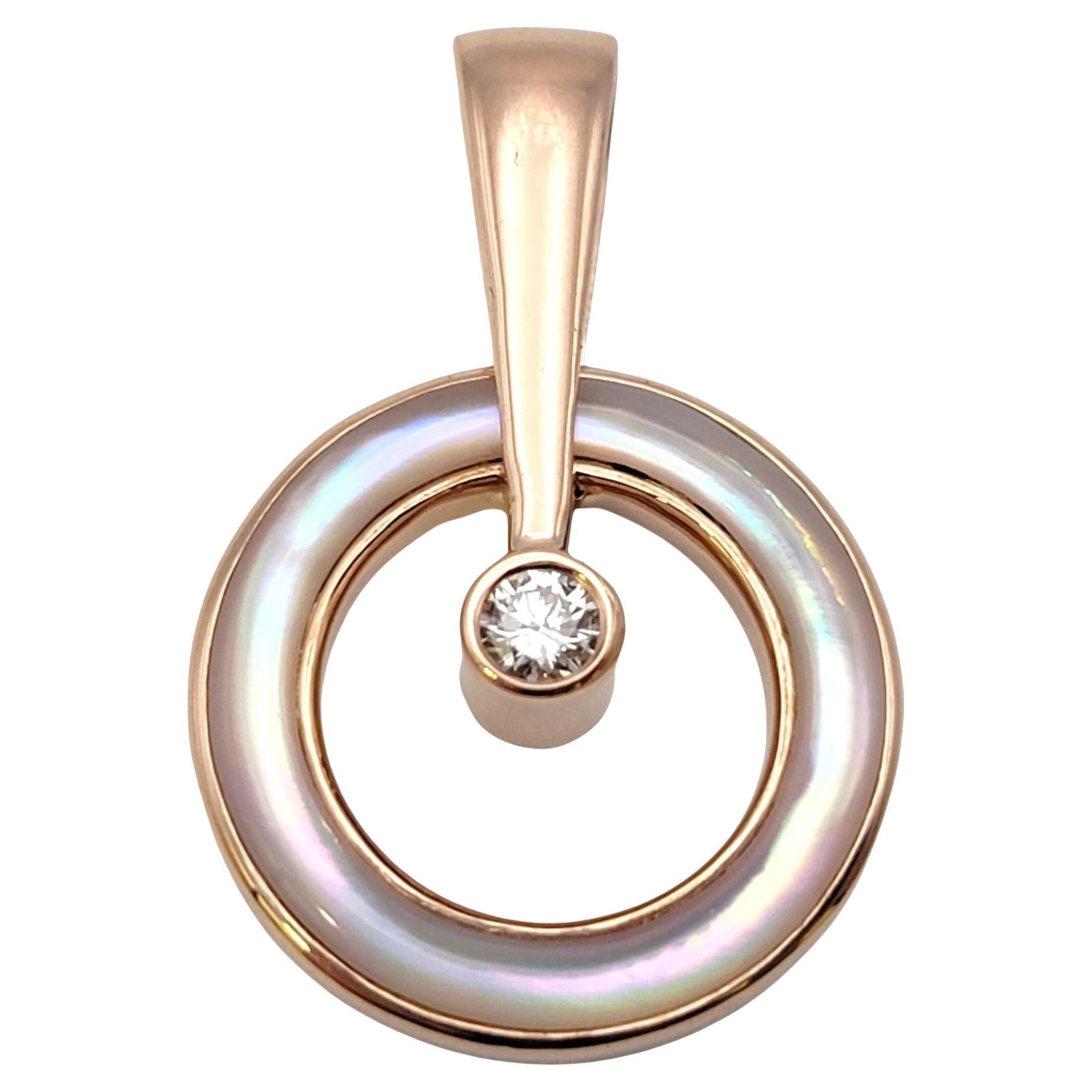 Kabana Mother of Pearl and Diamond Solitaire Open Circle Pendant in Rose Gold For Sale