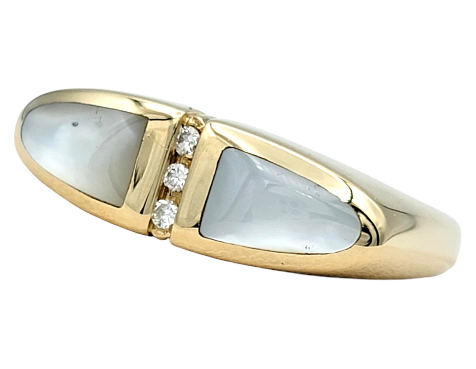 Ring Size: 6

Indulge in the beauty of artisan craftsmanship with this beautiful mother of pearl and diamond band ring by Kabana, a captivating fusion of natural elegance and modern design. Set in warm 14 karat yellow gold, this remarkable ring