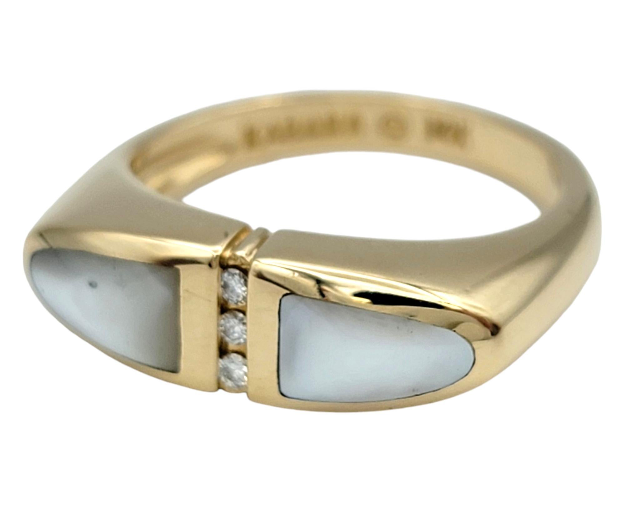 Contemporary Kabana Mother of Pearl and Round Diamond Tapered 14 Karat Yellow Gold Band Ring For Sale
