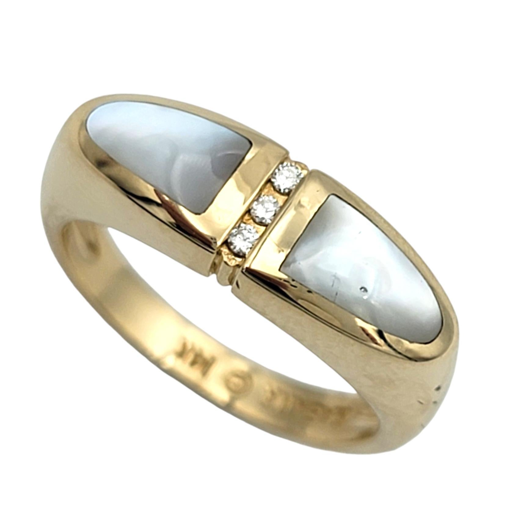 Round Cut Kabana Mother of Pearl and Round Diamond Tapered 14 Karat Yellow Gold Band Ring For Sale
