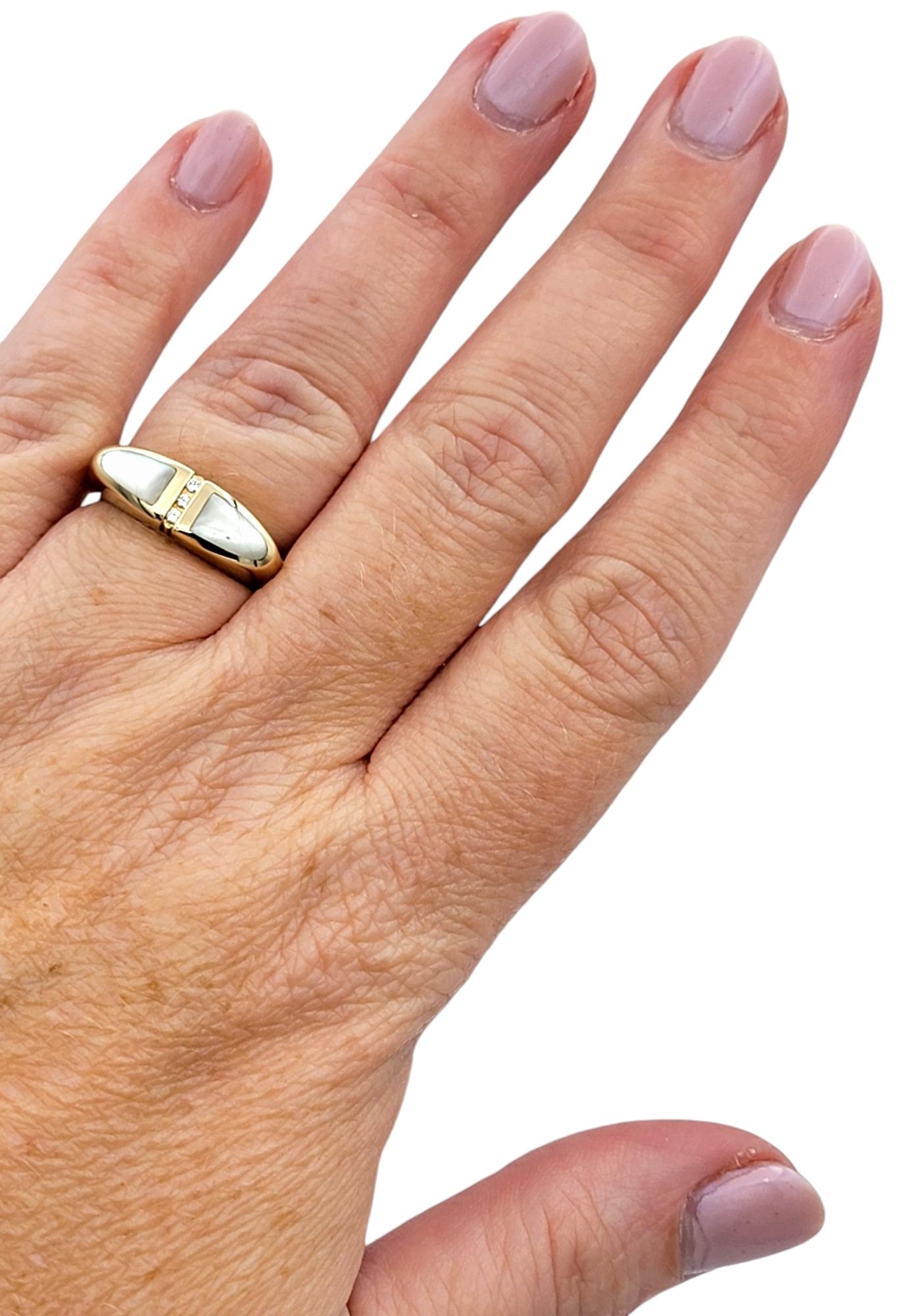 Kabana Mother of Pearl and Round Diamond Tapered 14 Karat Yellow Gold Band Ring For Sale 1