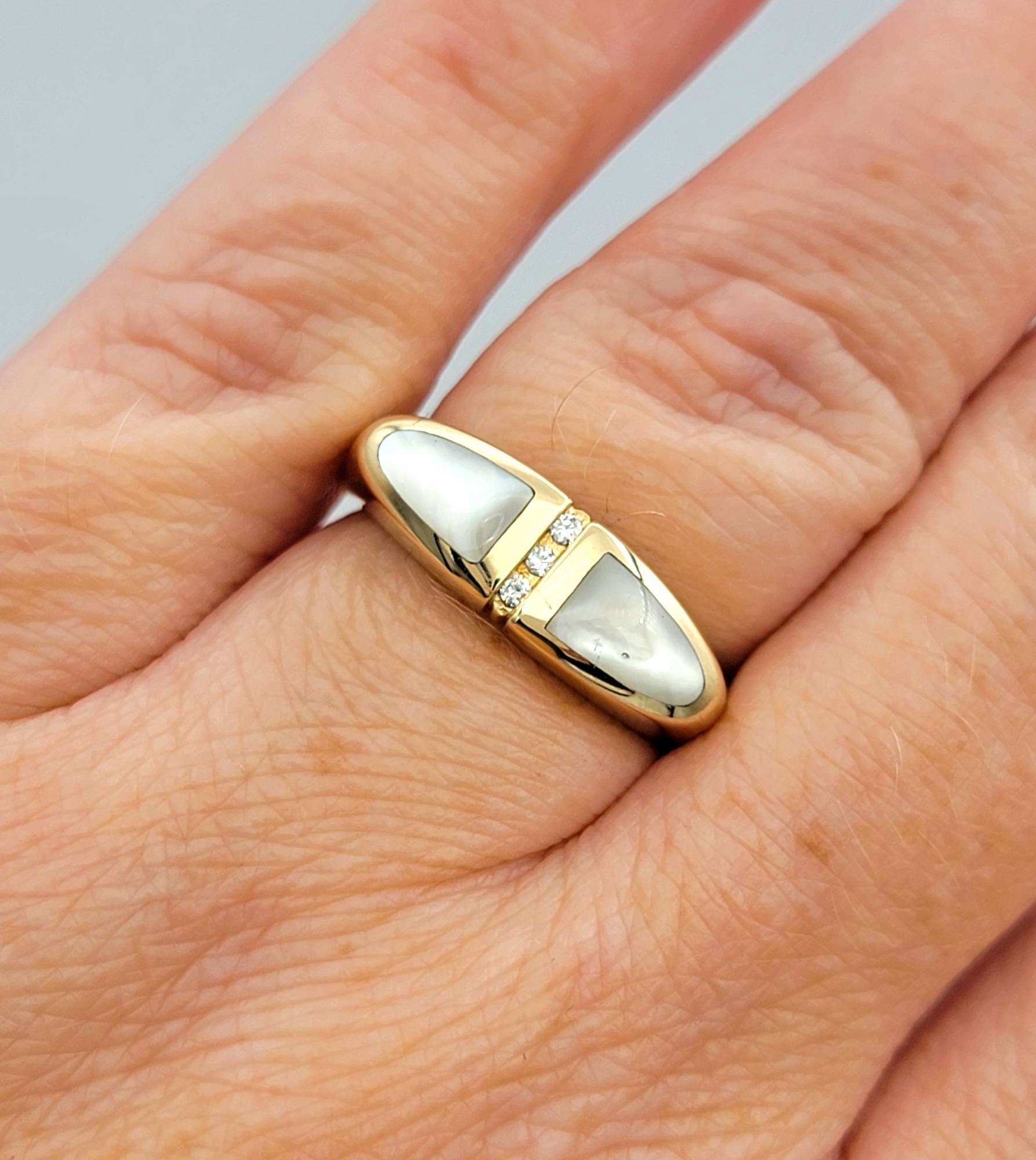 Kabana Mother of Pearl and Round Diamond Tapered 14 Karat Yellow Gold Band Ring For Sale 2
