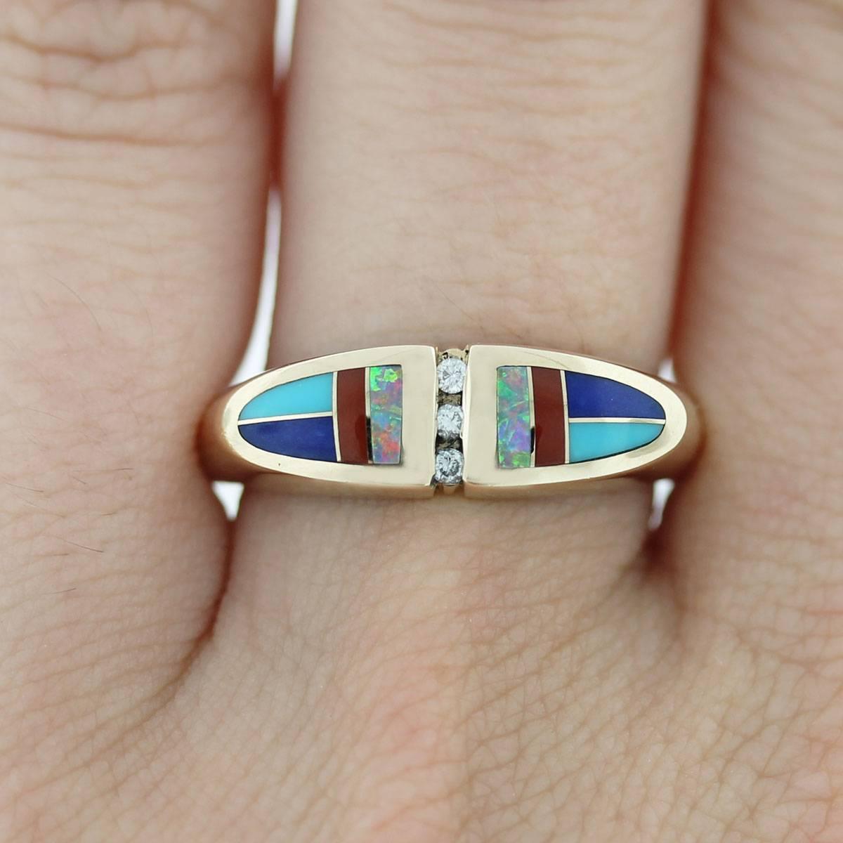 Art Deco Kabana Natural Diamond, Opal & Enamel 14 Karat Cocktail Ring In Stock For Sale