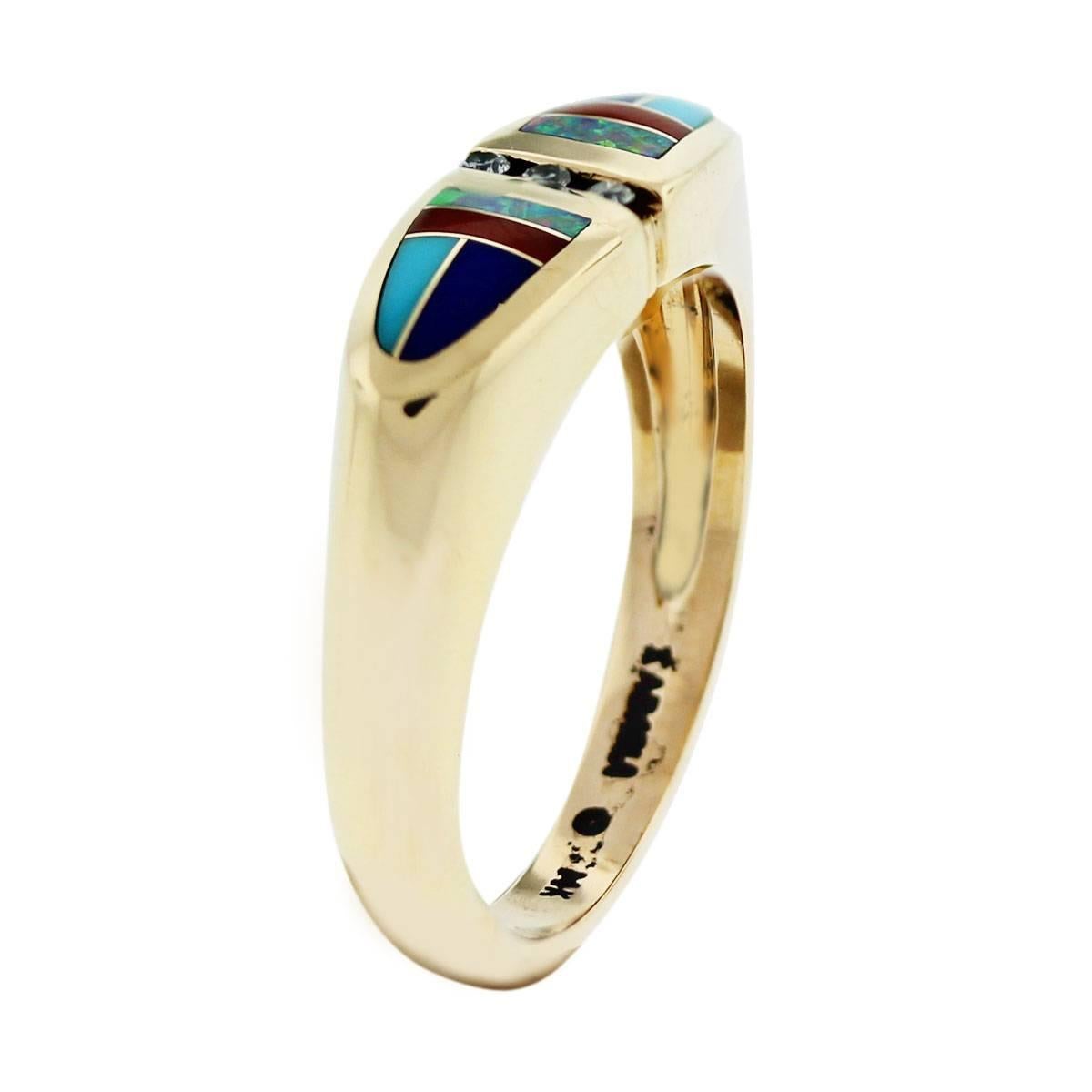 Round Cut Kabana Natural Diamond, Opal & Enamel 14 Karat Cocktail Ring In Stock For Sale