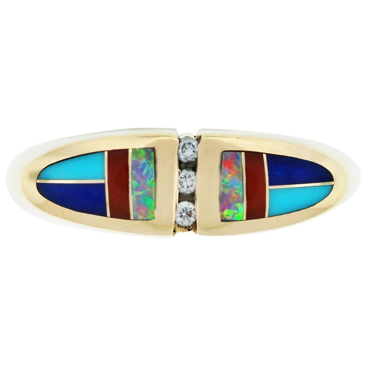 Kabana Natural Diamond, Opal & Enamel 14 Karat Cocktail Ring In Stock For Sale