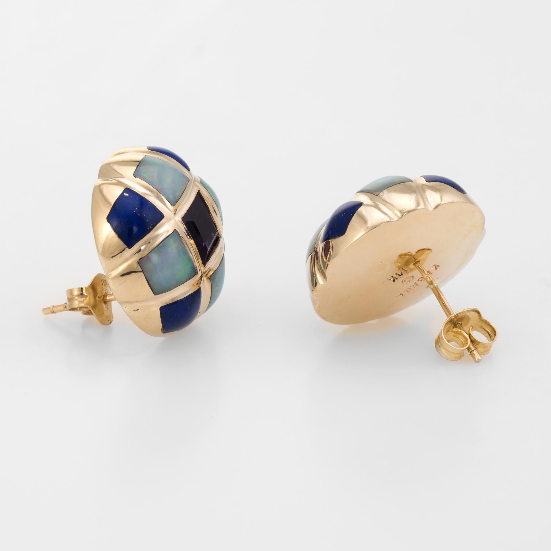 Stylish pair of Kabana earrings set with inlaid mixed gemstones, crafted in 14k yellow gold. 

Centrally mounted amethyst measures 5.5mm (estimated at 0.75 carats each - 1.50 carats total estimated weight), accented with lapis lazuli measuring