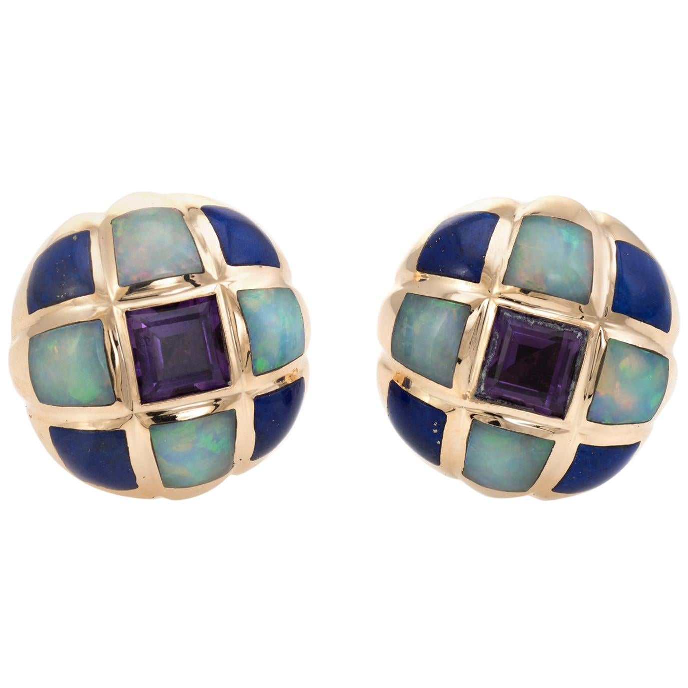 Kabana Opal Amethyst Lapis Lazuli Earrings Estate Round Stud 14 Karat Gold