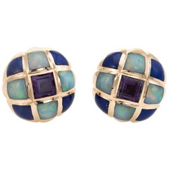 Vintage Kabana Opal Amethyst Lapis Lazuli Earrings Estate Round Stud 14 Karat Gold