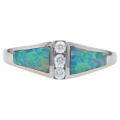 Kabana Opal and Diamond Ring, 14 Karat White Gold Round Cut .12 Carat