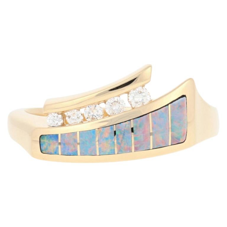 Kabana Opal and Diamond Ring, 14 Karat Yellow Gold Round Cut .13 Carat