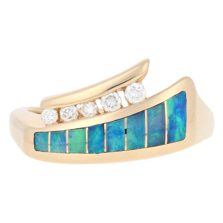 Kabana Opal and Diamond Ring, 14 Karat Yellow Gold Round Cut .13 Carat