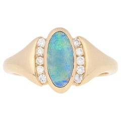 Kabana Opal and Diamond Ring, 14 Karat Yellow Gold Round Cut .15 Carat