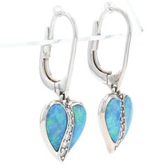 Kabana Opal and Diamond Heart Leaf Dangle Earrings White 14k Round Cut .15 Carat