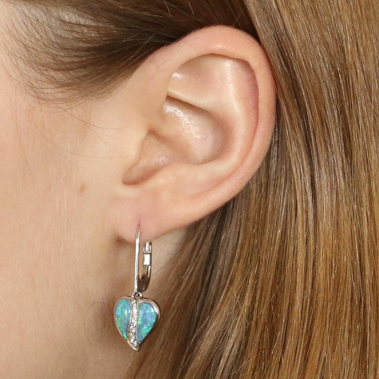 Kabana Opal and Diamond Heart Leaf Dangle Earrings White 14k Round Cut .15 Carat In New Condition In Greensboro, NC