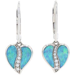 Kabana Opal and Diamond Heart Leaf Dangle Earrings White 14k Round Cut .15 Carat