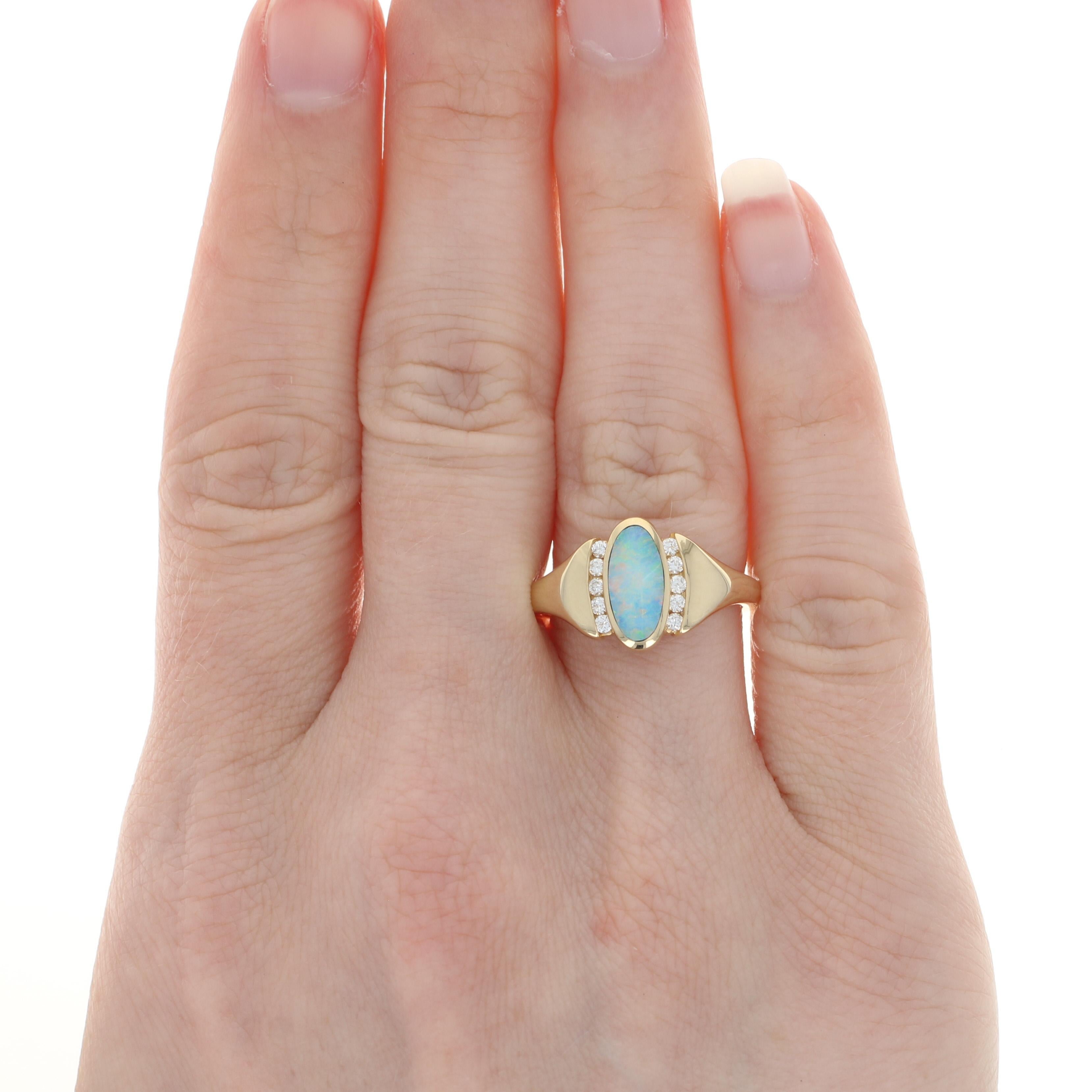 Kabana Opal and Diamond Ring Yellow Gold, 14 Karat Oval Cabochon .15 Carat In New Condition In Greensboro, NC