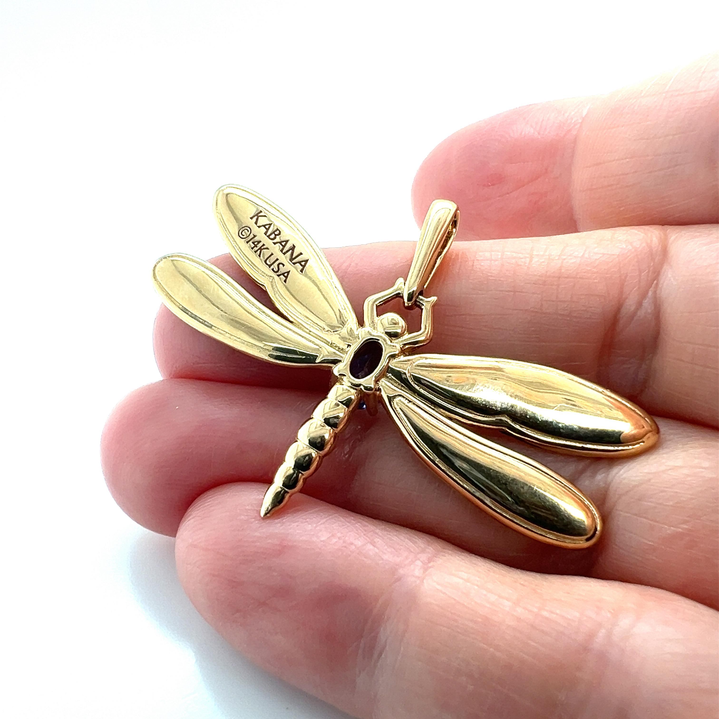 Moderno Kabana Opale Diamante Tanzanite Ciondolo a forma di libellula in oro giallo 14k in vendita