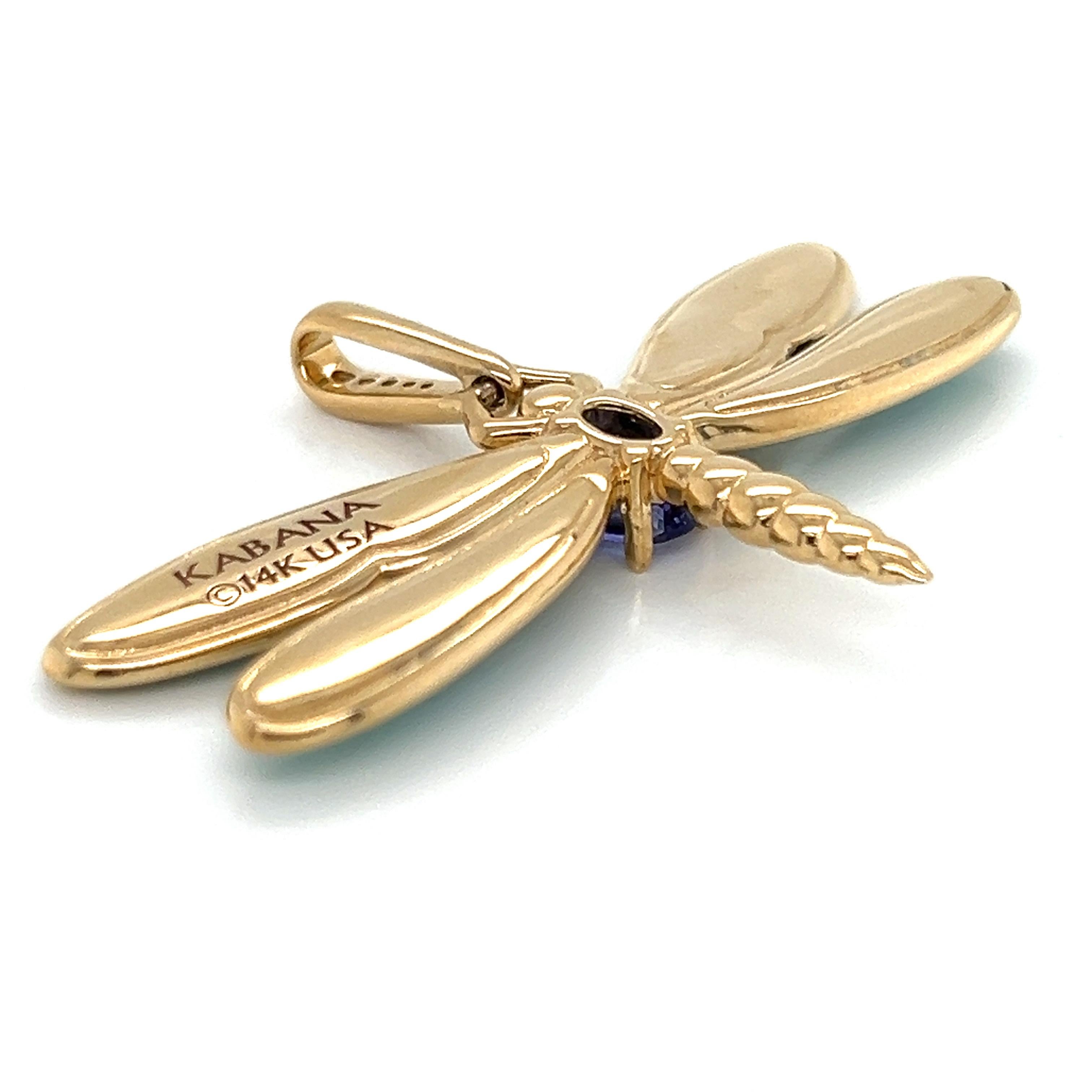 Taglio brillante Kabana Opale Diamante Tanzanite Ciondolo a forma di libellula in oro giallo 14k in vendita