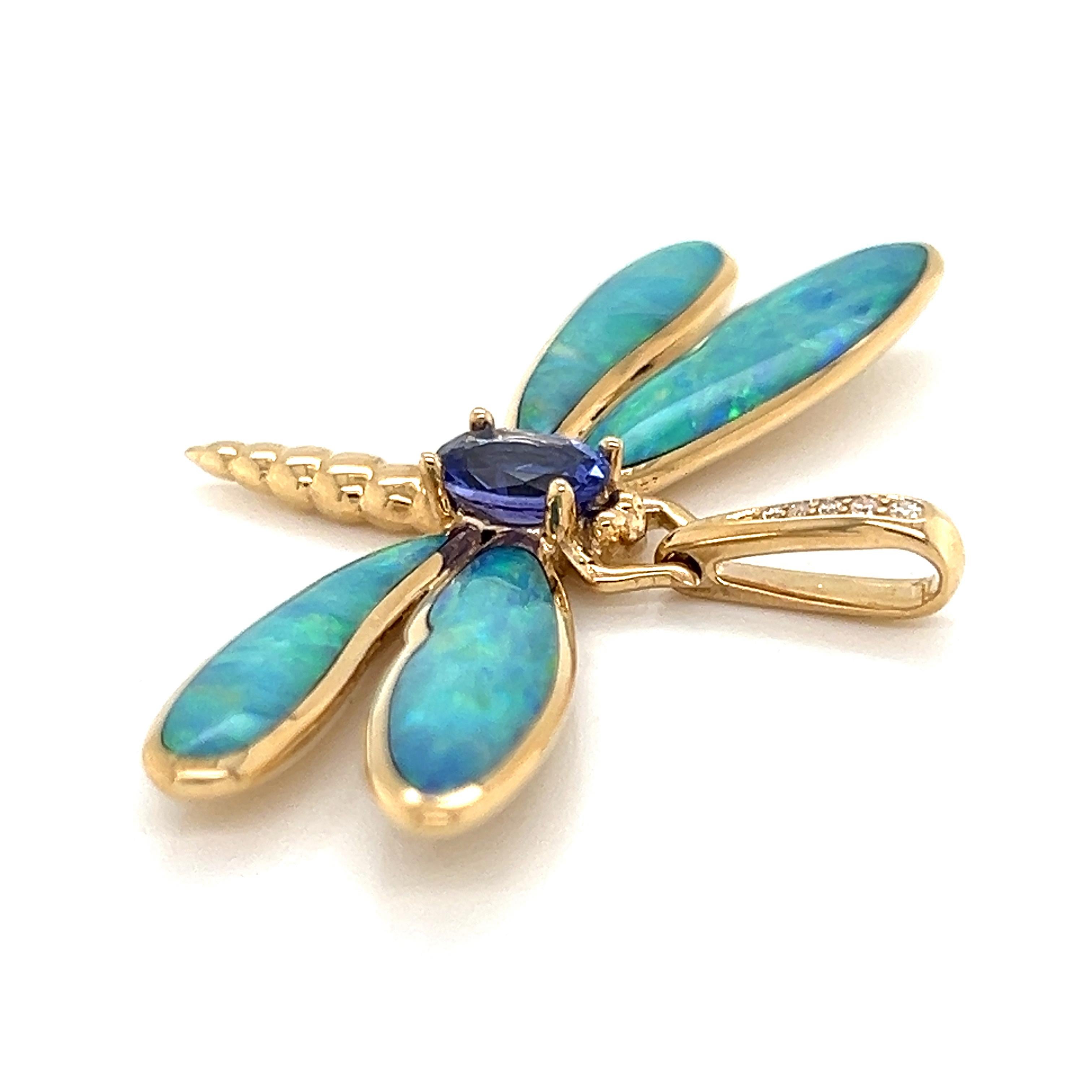 Kabana Opale Diamante Tanzanite Ciondolo a forma di libellula in oro giallo 14k In condizioni ottime in vendita a Boca Raton, FL