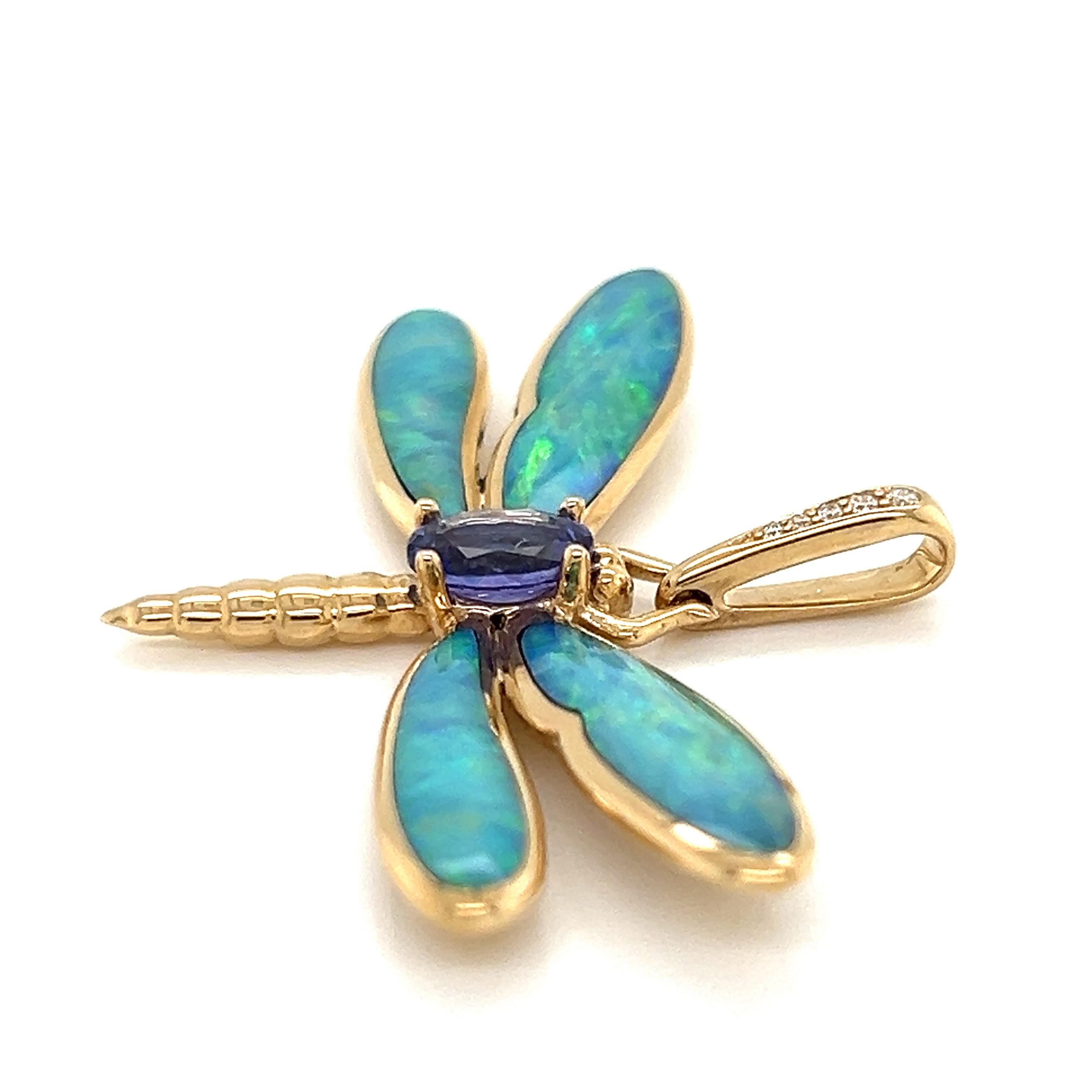 da uomo o donna Kabana Opale Diamante Tanzanite Ciondolo a forma di libellula in oro giallo 14k in vendita