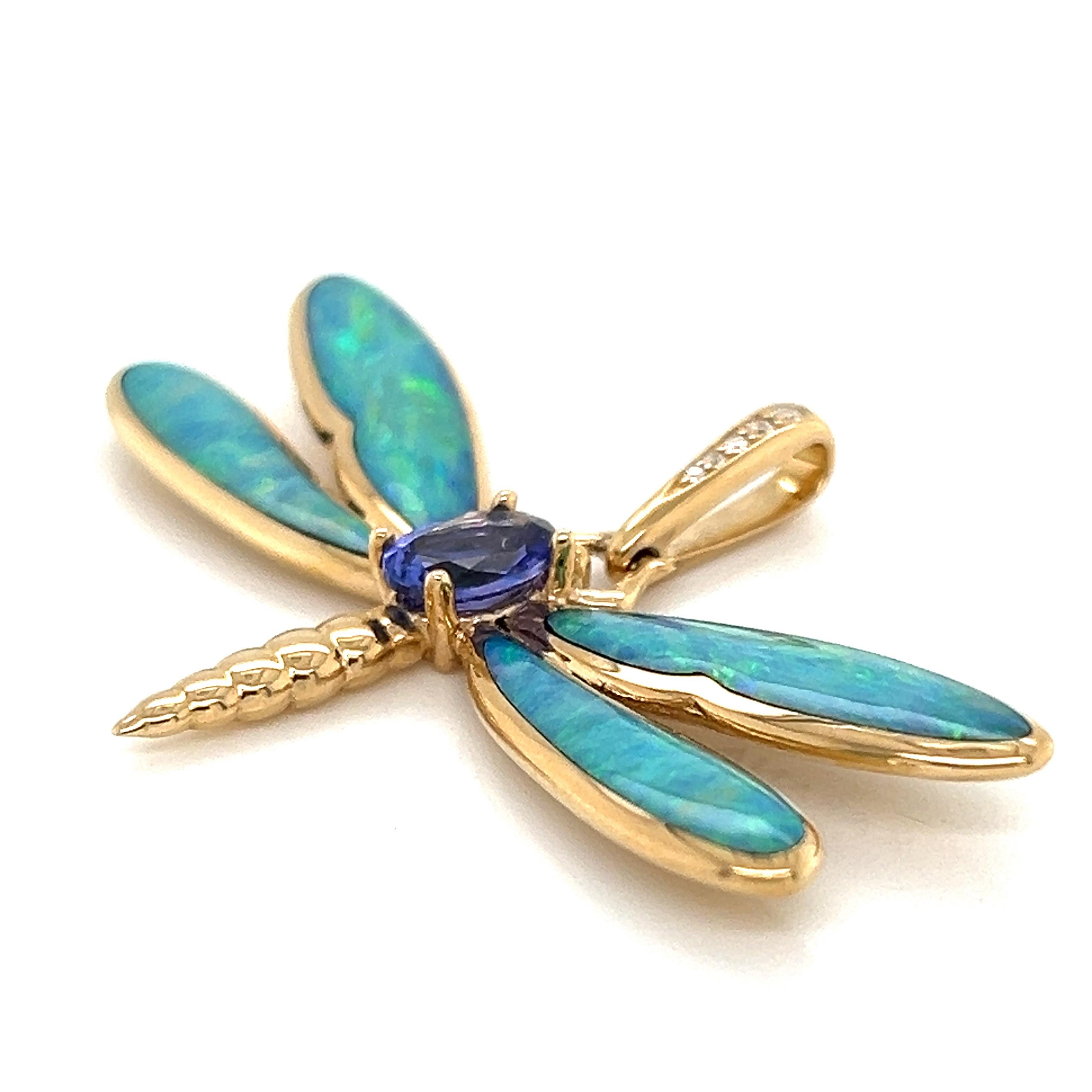 Kabana Opale Diamante Tanzanite Ciondolo a forma di libellula in oro giallo 14k in vendita 1