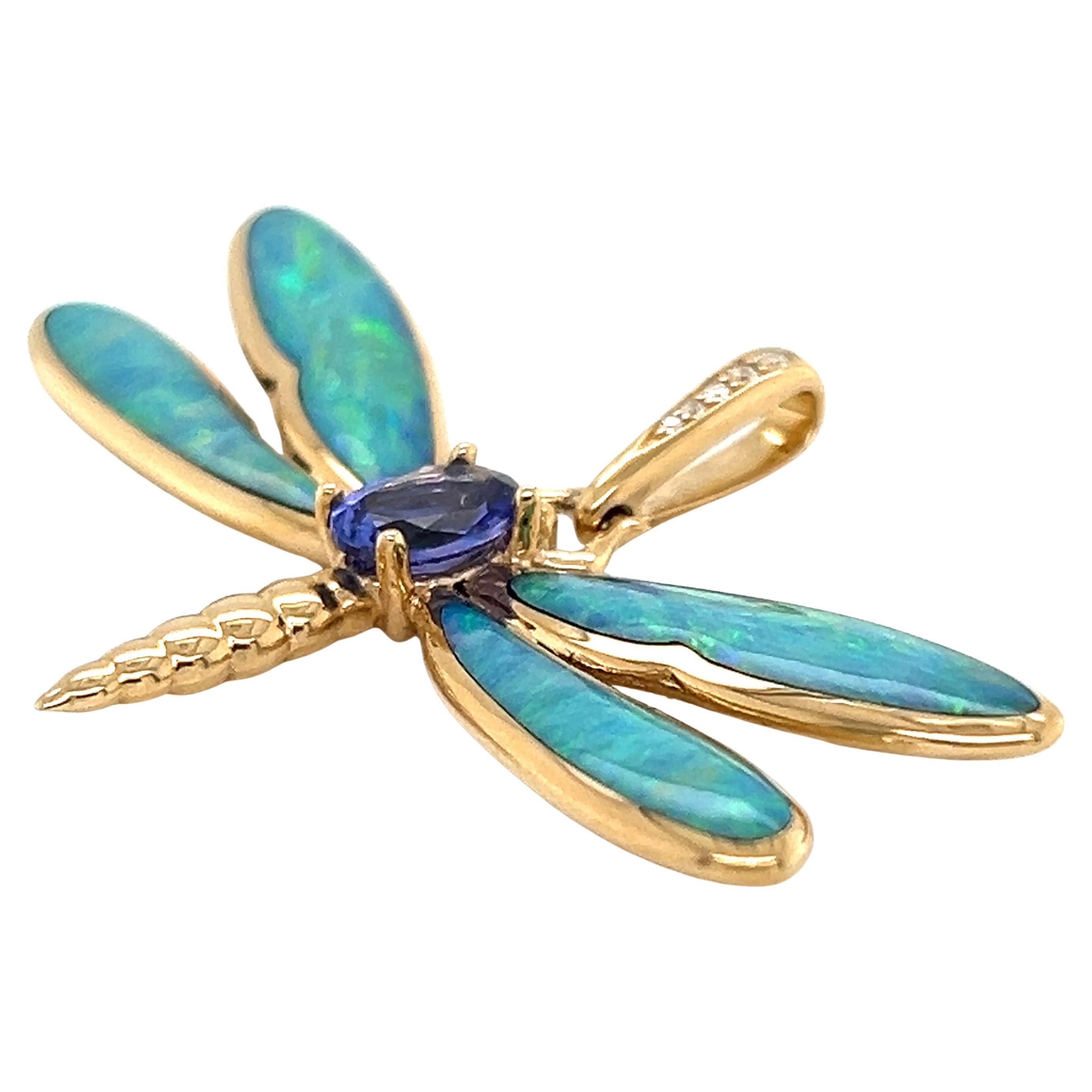 Kabana Opal Diamond Tanzanite 14k Yellow Gold Dragonfly Charm Pendant