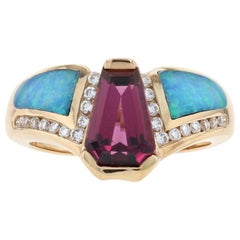 Kabana Rhodolite Garnet, Opal, Diamond Ring Yellow Gold, 14 Karat .18 Carat